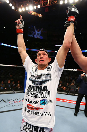 TORONTO, CANADA - SEPTEMBER 22: Seth Baczynski reacts after knocking out Simeon Thoresen during their welterweight bout at UFC 152 inside Air Canada Centre on September 22, 2012 in Toronto, Ontario, Canada. (Photo by Al Bello/Zuffa LLC/Zuffa LLC via Getty Images)