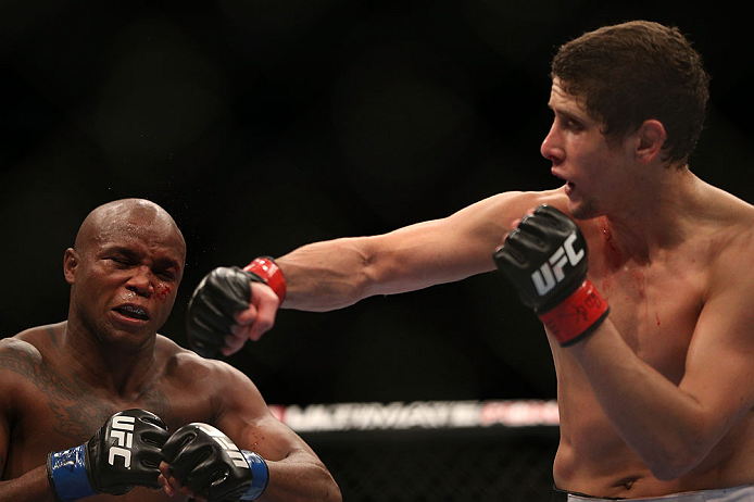 TORONTO, CANADA - SEPTEMBER 22: (R-L) Jimy Hettes punches Marcus Brimage during their featherweight bout at UFC 152 inside Air Canada Centre on September 22, 2012 in Toronto, Ontario, Canada. (Photo by Josh Hedges/Zuffa LLC/Zuffa LLC via Getty Images)