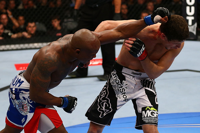 TORONTO, CANADA - SEPTEMBER 22: (L-R) Marcus Brimage punches Jimy Hettes during their featherweight bout at UFC 152 inside Air Canada Centre on September 22, 2012 in Toronto, Ontario, Canada. (Photo by Al Bello/Zuffa LLC/Zuffa LLC via Getty Images)