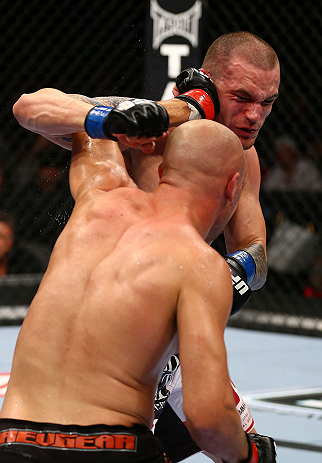 TORONTO, CANADA - SEPTEMBER 22: (L-R) Sean Pierson punches Lance Benoist during their welterweight bout at UFC 152 inside Air Canada Centre on September 22, 2012 in Toronto, Ontario, Canada. (Photo by Al Bello/Zuffa LLC/Zuffa LLC via Getty Images)