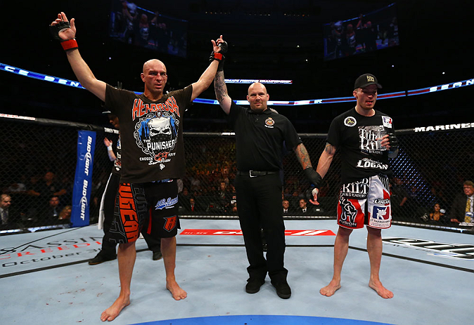 TORONTO, CANADA - SEPTEMBER 22: Sean Pierson (L) reacts after defeating Lance Benoist during their welterweight bout at UFC 152 inside Air Canada Centre on September 22, 2012 in Toronto, Ontario, Canada. (Photo by Al Bello/Zuffa LLC/Zuffa LLC via Getty Images)