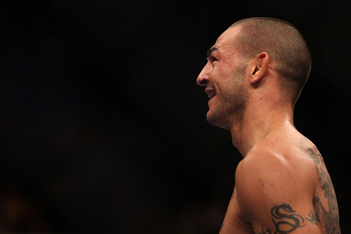 TORONTO, CANADA - SEPTEMBER 22: Cub Swanson reacts after knocking out Charles Oliveira during their featherweight bout at UFC 152 inside Air Canada Centre on September 22, 2012 in Toronto, Ontario, Canada. (Photo by Josh Hedges/Zuffa LLC/Zuffa LLC via Getty Images)