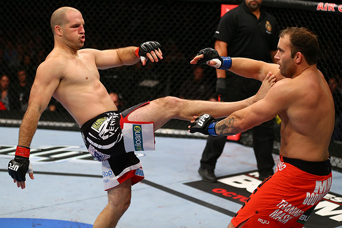 TORONTO, CANADA - SEPTEMBER 22: (L-R) Matt Hamill kicks Roger Hollett during their light heavyweight bout at UFC 152 inside Air Canada Centre on September 22, 2012 in Toronto, Ontario, Canada. (Photo by Al Bello/Zuffa LLC/Zuffa LLC via Getty Images)