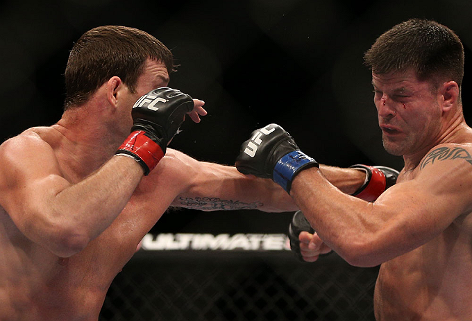 TORONTO, CANADA - SEPTEMBER 22: (L-R) Michael Bisping punches Brian Stann during their middleweight bout at UFC 152 inside Air Canada Centre on September 22, 2012 in Toronto, Ontario, Canada. (Photo by Josh Hedges/Zuffa LLC/Zuffa LLC via Getty Images)