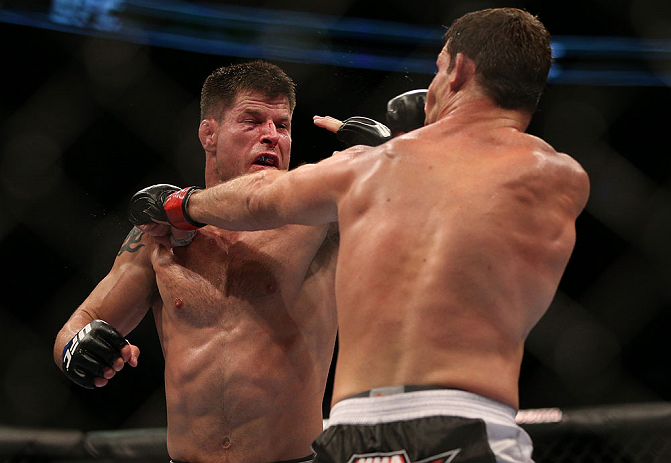 TORONTO, CANADA - SEPTEMBER 22: (L-R) Brian Stann punches Michael Bisping during their middleweight bout at UFC 152 inside Air Canada Centre on September 22, 2012 in Toronto, Ontario, Canada. (Photo by Josh Hedges/Zuffa LLC/Zuffa LLC via Getty Images)