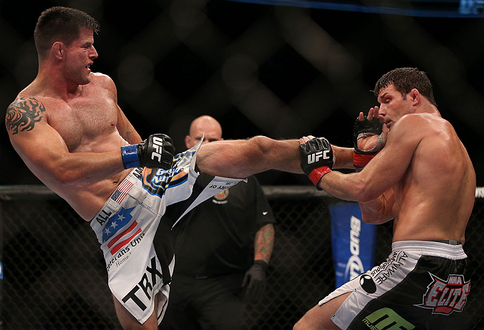 TORONTO, CANADA - SEPTEMBER 22: (L-R) Brian Stann kicks Michael Bisping during their middleweight bout at UFC 152 inside Air Canada Centre on September 22, 2012 in Toronto, Ontario, Canada. (Photo by Josh Hedges/Zuffa LLC/Zuffa LLC via Getty Images)