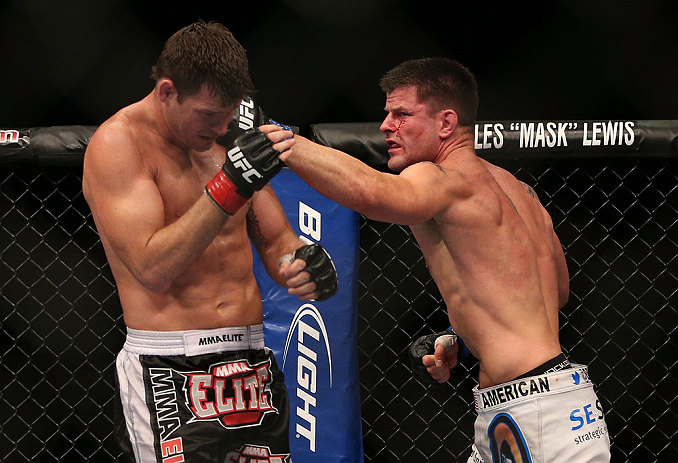 TORONTO, CANADA - SEPTEMBER 22: (R-L) Brian Stann punches Michael Bisping during their middleweight bout at UFC 152 inside Air Canada Centre on September 22, 2012 in Toronto, Ontario, Canada. (Photo by Josh Hedges/Zuffa LLC/Zuffa LLC via Getty Images)