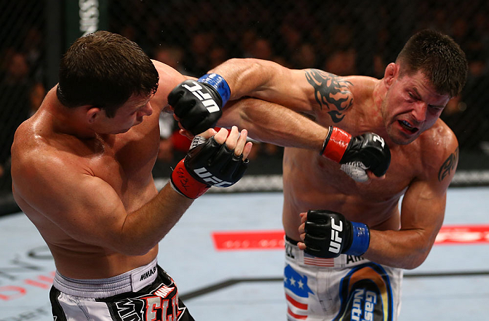 TORONTO, CANADA - SEPTEMBER 22: (R-L) Brian Stann and Michael Bisping trade punches during their middleweight bout at UFC 152 inside Air Canada Centre on September 22, 2012 in Toronto, Ontario, Canada. (Photo by Al Bello/Zuffa LLC/Zuffa LLC via Getty Images)