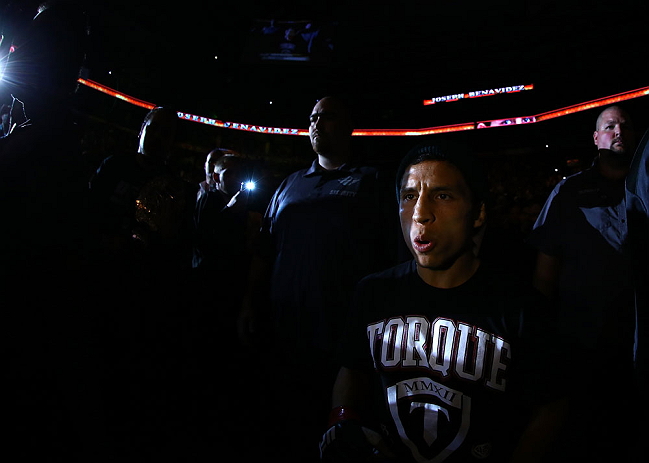 TORONTO, CANADA - SEPTEMBER 22: Joseph Benavidez enters the arena before his flyweight championship bout against Demetrious Johnson at UFC 152 inside Air Canada Centre on September 22, 2012 in Toronto, Ontario, Canada. (Photo by Al Bello/Zuffa LLC/Zuffa LLC via Getty Images)