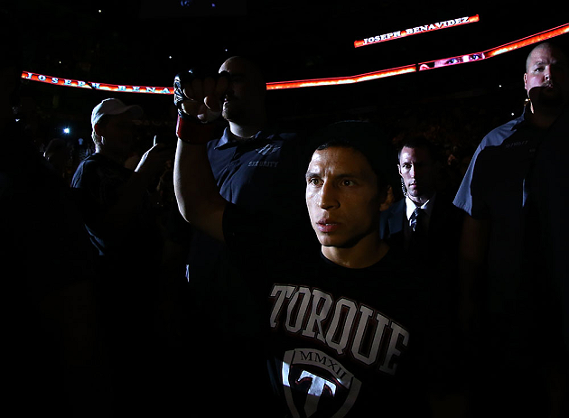 TORONTO, CANADA - SEPTEMBER 22: Joseph Benavidez enters the arena before his flyweight championship bout against Demetrious Johnson at UFC 152 inside Air Canada Centre on September 22, 2012 in Toronto, Ontario, Canada. (Photo by Al Bello/Zuffa LLC/Zuffa LLC via Getty Images)