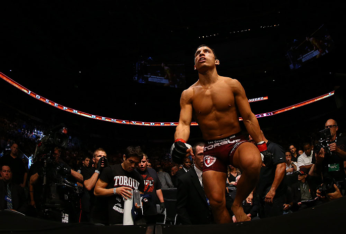 TORONTO, CANADA - SEPTEMBER 22: Joseph Benavidez enters the Octagon before his flyweight championship bout against Demetrious Johnson at UFC 152 inside Air Canada Centre on September 22, 2012 in Toronto, Ontario, Canada. (Photo by Al Bello/Zuffa LLC/Zuffa LLC via Getty Images)