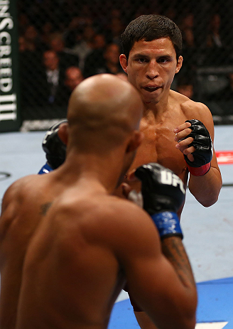 TORONTO, CANADA - SEPTEMBER 22: (R-L) Joseph Benavidez squares off with Demetrious Johnson during their flyweight championship bout at UFC 152 inside Air Canada Centre on September 22, 2012 in Toronto, Ontario, Canada. (Photo by Al Bello/Zuffa LLC/Zuffa LLC via Getty Images)