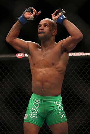 TORONTO, CANADA - SEPTEMBER 22:    Demetrious Johnson reacts after his flyweight championship bout against Joseph Benavidez at UFC 152 inside Air Canada Centre on September 22, 2012 in Toronto, Ontario, Canada.  (Photo by Josh Hedges/Zuffa LLC/Zuffa LLC via Getty Images)