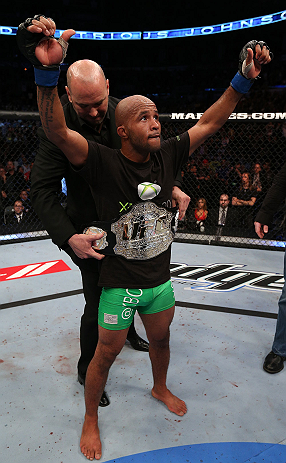 TORONTO, CANADA - SEPTEMBER 22: Demetrious Johnson reacts after defeating Joseph Benavidez during their flyweight championship bout at UFC 152 inside Air Canada Centre on September 22, 2012 in Toronto, Ontario, Canada. (Photo by Josh Hedges/Zuffa LLC/Zuffa LLC via Getty Images)