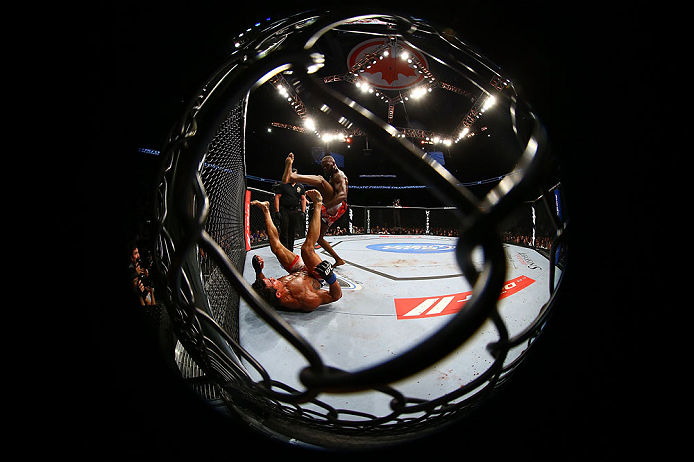 TORONTO, CANADA - SEPTEMBER 22: (R-L) Jon Jones kicks Vitor Belfort during their light heavyweight championship bout at UFC 152 inside Air Canada Centre on September 22, 2012 in Toronto, Ontario, Canada. (Photo by Al Bello/Zuffa LLC/Zuffa LLC via Getty Images)