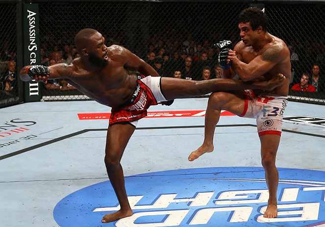 Jon ''Bones'' Jones kicks Vitor Belfort during their light heavyweight championship bout at UFC 152 inside Air Canada Centre on September 22, 2012 in Toronto, ON, Canada. (Photo by Al Bello/Zuffa LLC)