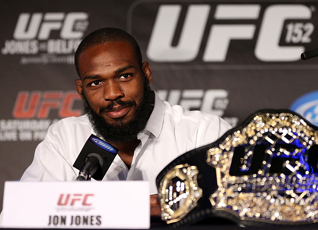 TORONTO, CANADA - SEPTEMBER 20: Jon ''Bones'' Jones interacts with media during the UFC 152 pre-fight press conference at Real Sports Bar and Grill on September 20, 2012 in Toronto, Ontario, Canada. (Photo by Josh Hedges/Zuffa LLC/Zuffa LLC via Getty Images)