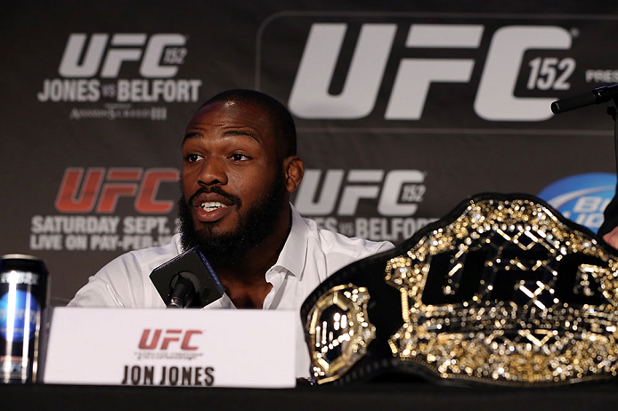 TORONTO, CANADA - SEPTEMBER 20: Jon ''Bones'' Jones interacts with media during the UFC 152 pre-fight press conference at Real Sports Bar and Grill on September 20, 2012 in Toronto, Ontario, Canada. (Photo by Josh Hedges/Zuffa LLC/Zuffa LLC via Getty Images)
