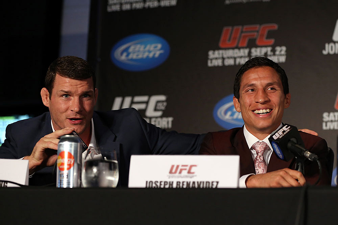 TORONTO, CANADA - SEPTEMBER 20: (L-R) Michael Bisping and Joseph Benavidez interact with media during the UFC 152 pre-fight press conference at Real Sports Bar and Grill on September 20, 2012 in Toronto, Ontario, Canada. (Photo by Josh Hedges/Zuffa LLC/Zuffa LLC via Getty Images)