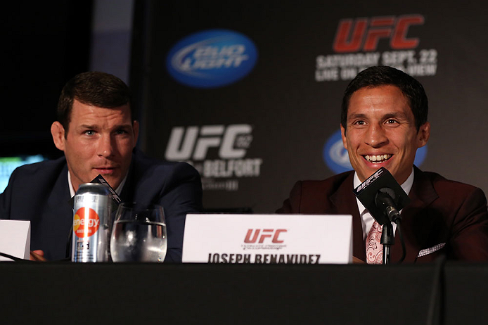 TORONTO, CANADA - SEPTEMBER 20: (L-R) Michael Bisping and Joseph Benavidez interact with media during the UFC 152 pre-fight press conference at Real Sports Bar and Grill on September 20, 2012 in Toronto, Ontario, Canada. (Photo by Josh Hedges/Zuffa LLC/Zuffa LLC via Getty Images)