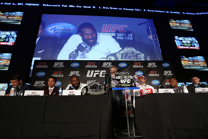 TORONTO, CANADA - SEPTEMBER 20: Jon ''Bones'' Jones interacts with media during the UFC 152 pre-fight press conference at Real Sports Bar and Grill on September 20, 2012 in Toronto, Ontario, Canada. (Photo by Josh Hedges/Zuffa LLC/Zuffa LLC via Getty Images)