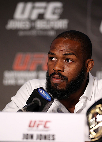TORONTO, CANADA - SEPTEMBER 20: Jon ''Bones'' Jones interacts with media during the UFC 152 pre-fight press conference at Real Sports Bar and Grill on September 20, 2012 in Toronto, Ontario, Canada. (Photo by Josh Hedges/Zuffa LLC/Zuffa LLC via Getty Images)