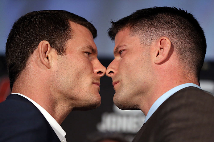 TORONTO, CANADA - SEPTEMBER 20: (L-R) Opponents Michael Bisping and Brian Stann face off during the UFC 152 pre-fight press conference at Real Sports Bar and Grill on September 20, 2012 in Toronto, Ontario, Canada. (Photo by Josh Hedges/Zuffa LLC/Zuffa LLC via Getty Images)
