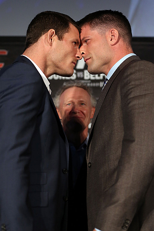 TORONTO, CANADA - SEPTEMBER 20: (L-R) Opponents Michael Bisping and Brian Stann face off during the UFC 152 pre-fight press conference at Real Sports Bar and Grill on September 20, 2012 in Toronto, Ontario, Canada. (Photo by Josh Hedges/Zuffa LLC/Zuffa LLC via Getty Images)