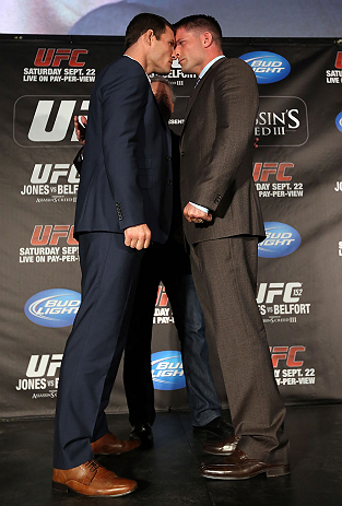 TORONTO, CANADA - SEPTEMBER 20: (L-R) Opponents Michael Bisping and Brian Stann face off during the UFC 152 pre-fight press conference at Real Sports Bar and Grill on September 20, 2012 in Toronto, Ontario, Canada. (Photo by Josh Hedges/Zuffa LLC/Zuffa LLC via Getty Images)