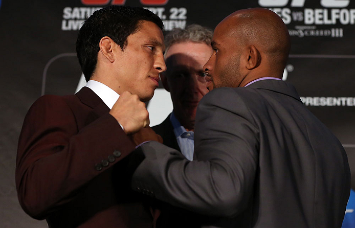 TORONTO, CANADA - SEPTEMBER 20: (L-R) Opponents Joseph Benavidez and Demetrious Johnson face off during the UFC 152 pre-fight press conference at Real Sports Bar and Grill on September 20, 2012 in Toronto, Ontario, Canada. (Photo by Josh Hedges/Zuffa LLC/Zuffa LLC via Getty Images)
