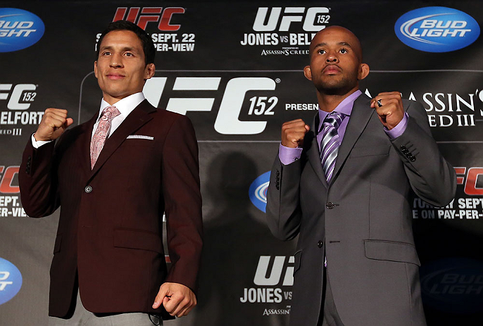 TORONTO, CANADA - SEPTEMBER 20: (L-R) Opponents Joseph Benavidez and Demetrious Johnson pose for photos during the UFC 152 pre-fight press conference at Real Sports Bar and Grill on September 20, 2012 in Toronto, Ontario, Canada. (Photo by Josh Hedges/Zuffa LLC/Zuffa LLC via Getty Images)