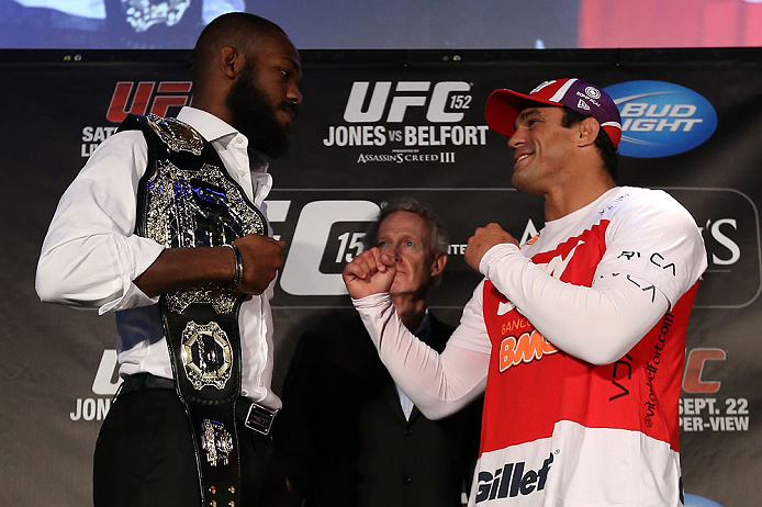 TORONTO, CANADA - SEPTEMBER 20: (L-R) Opponents Jon ''Bones'' Jones and Vitor Belfort face off during the UFC 152 pre-fight press conference at Real Sports Bar and Grill on September 20, 2012 in Toronto, Ontario, Canada. (Photo by Josh Hedges/Zuffa LLC/Zuffa LLC via Getty Images)