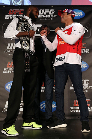 TORONTO, CANADA - SEPTEMBER 20: (L-R) Opponents Jon ''Bones'' Jones and Vitor Belfort face off during the UFC 152 pre-fight press conference at Real Sports Bar and Grill on September 20, 2012 in Toronto, Ontario, Canada. (Photo by Josh Hedges/Zuffa LLC/Zuffa LLC via Getty Images)