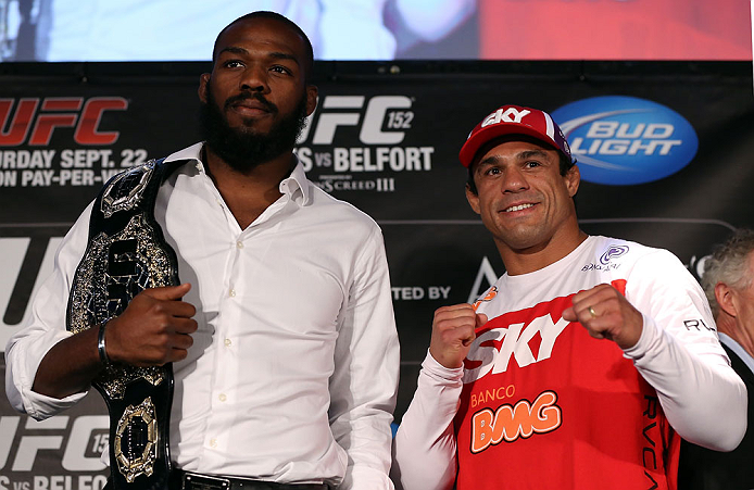 TORONTO, CANADA - SEPTEMBER 20: (L-R) Opponents Jon "Bones" Jones and Vitor Belfort pose for photos during the UFC 152 pre-fight press conference at Real Sports Bar and Grill on September 20, 2012 in Toronto, Ontario, Canada. (Photo by Josh Hedges/Zuffa LLC/Zuffa LLC via Getty Images)