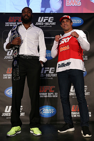 TORONTO, CANADA - SEPTEMBER 20: (L-R) Opponents Jon ''Bones'' Jones and Vitor Belfort pose for photos during the UFC 152 pre-fight press conference at Real Sports Bar and Grill on September 20, 2012 in Toronto, Ontario, Canada. (Photo by Josh Hedges/Zuffa LLC/Zuffa LLC via Getty Images)