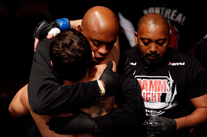MONTREAL, QC - NOVEMBER 17:  Anderson da Silva hugs Rodrigo Damm (L) before his fight against Antonio Carvalho in their featherweight bout during UFC 154 on November 17, 2012  at the Bell Centre in Montreal, Canada.  (Photo by Josh Hedges/Zuffa LLC/Zuffa LLC via Getty Images)