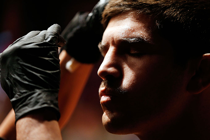 MONTREAL, QC - NOVEMBER 17:  Patrick Cote prepares to fight against Alessio Sakara in their middleweight bout during UFC 154 on November 17, 2012  at the Bell Centre in Montreal, Canada.  (Photo by Josh Hedges/Zuffa LLC/Zuffa LLC via Getty Images)