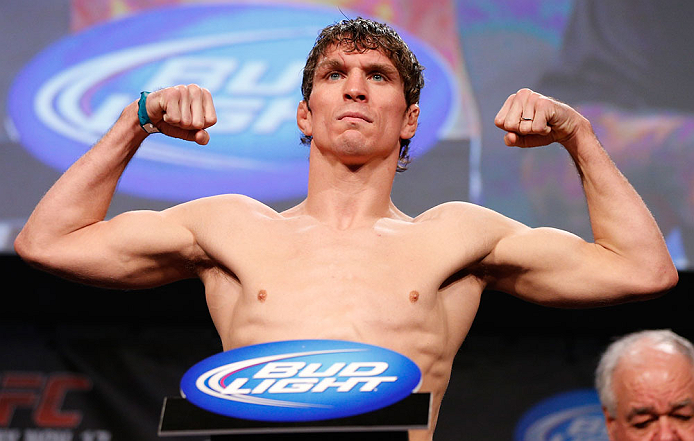 MONTREAL, CANADA - NOVEMBER 16:  Darren Elkins weighs in during the official UFC 154 weigh in at New City Gas on November 16, 2012 in Montreal, Quebec, Canada.  (Photo by Josh Hedges/Zuffa LLC/Zuffa LLC via Getty Images)