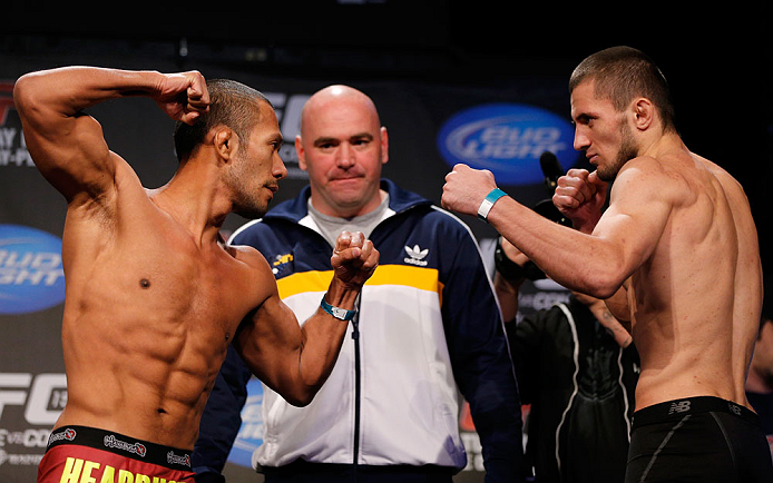 MONTREAL, CANADA - NOVEMBER 16:  (L-R) Opponents Ivan Menjivar and Azamat Gashimov face off during the official UFC 154 weigh in at New City Gas on November 16, 2012 in Montreal, Quebec, Canada.  (Photo by Josh Hedges/Zuffa LLC/Zuffa LLC via Getty Images)