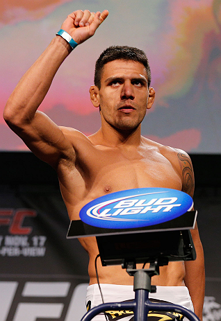 MONTREAL, CANADA - NOVEMBER 16:  Rafael dos Anjos weighs in during the official UFC 154 weigh in at New City Gas on November 16, 2012 in Montreal, Quebec, Canada.  (Photo by Josh Hedges/Zuffa LLC/Zuffa LLC via Getty Images)