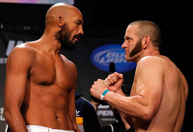 MONTREAL, CANADA - NOVEMBER 16:  (L-R) Opponents Cyrille Diabate and Chad Griggs face off during the official UFC 154 weigh in at New City Gas on November 16, 2012 in Montreal, Quebec, Canada.  (Photo by Josh Hedges/Zuffa LLC/Zuffa LLC via Getty Images)