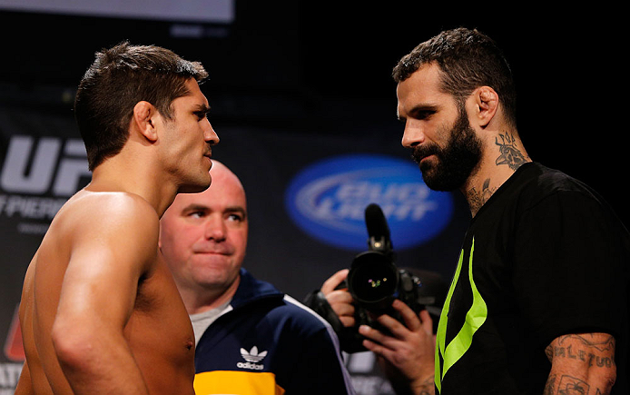 MONTREAL, CANADA - NOVEMBER 16:  (L-R) Opponents Patrick Cote and Alessio Sakara face off during the official UFC 154 weigh in at New City Gas on November 16, 2012 in Montreal, Quebec, Canada.  (Photo by Josh Hedges/Zuffa LLC/Zuffa LLC via Getty Images)