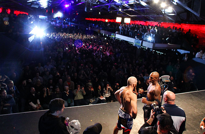 MONTREAL, CANADA - NOVEMBER 16: (L-R) Opponents Tom Lawlor and Francis Carmont face off during the official UFC 154 weigh in at New City Gas on November 16, 2012 in Montreal, Quebec, Canada. (Photo by Josh Hedges/Zuffa LLC/Zuffa LLC via Getty Images)