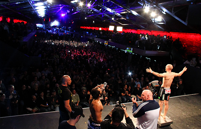 MONTREAL, CANADA - NOVEMBER 16: Martin Kampmann (R) weighs in as opponent Johny Hendricks looks on during the official UFC 154 weigh in at New City Gas on November 16, 2012 in Montreal, Quebec, Canada. (Photo by Josh Hedges/Zuffa LLC/Zuffa LLC via Getty Images)