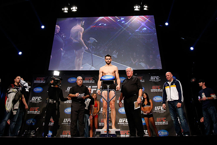 MONTREAL, CANADA - NOVEMBER 16: Carlos Condit weighs in during the official UFC 154 weigh in at New City Gas on November 16, 2012 in Montreal, Quebec, Canada. (Photo by Josh Hedges/Zuffa LLC/Zuffa LLC via Getty Images)