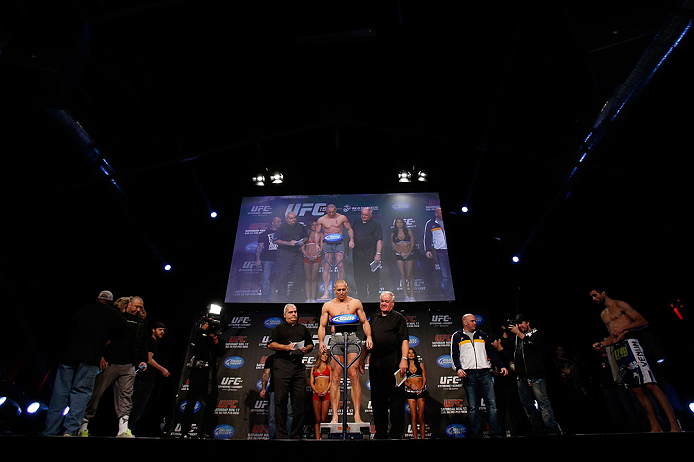 MONTREAL, CANADA - NOVEMBER 16: Georges St-Pierre weighs in during the official UFC 154 weigh in at New City Gas on November 16, 2012 in Montreal, Quebec, Canada. (Photo by Josh Hedges/Zuffa LLC/Zuffa LLC via Getty Images)