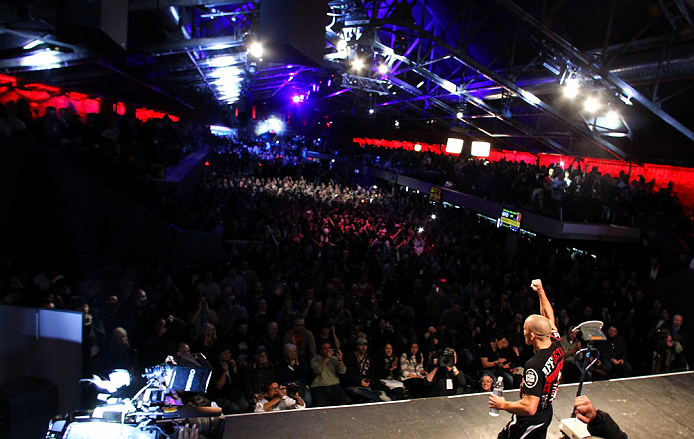 MONTREAL, CANADA - NOVEMBER 16: Georges St-Pierre salutes the crowd after weighing in during the official UFC 154 weigh in at New City Gas on November 16, 2012 in Montreal, Quebec, Canada. (Photo by Josh Hedges/Zuffa LLC/Zuffa LLC via Getty Images)