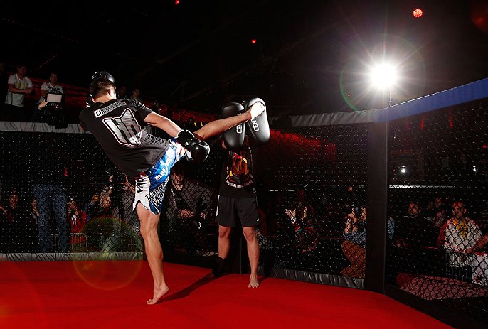 MONTREAL, CANADA - NOVEMBER 15:  Carlos Condit works out for media and fans during an open training session ahead of UFC 154 at New City Gas on November 15, 2012 in Montreal, Quebec, Canada.  (Photo by Josh Hedges/Zuffa LLC/Zuffa LLC via Getty Images)