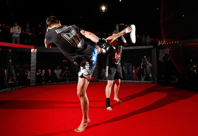 MONTREAL, CANADA - NOVEMBER 15:  Carlos Condit works out for media and fans during an open training session ahead of UFC 154 at New City Gas on November 15, 2012 in Montreal, Quebec, Canada.  (Photo by Josh Hedges/Zuffa LLC/Zuffa LLC via Getty Images)