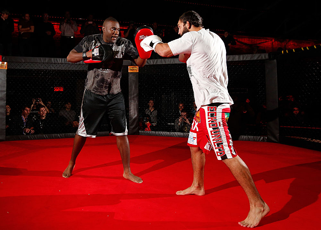 MONTREAL, CANADA - NOVEMBER 15:  Johny Hendricks works out for media and fans during an open training session ahead of UFC 154 at New City Gas on November 15, 2012 in Montreal, Quebec, Canada.  (Photo by Josh Hedges/Zuffa LLC/Zuffa LLC via Getty Images)